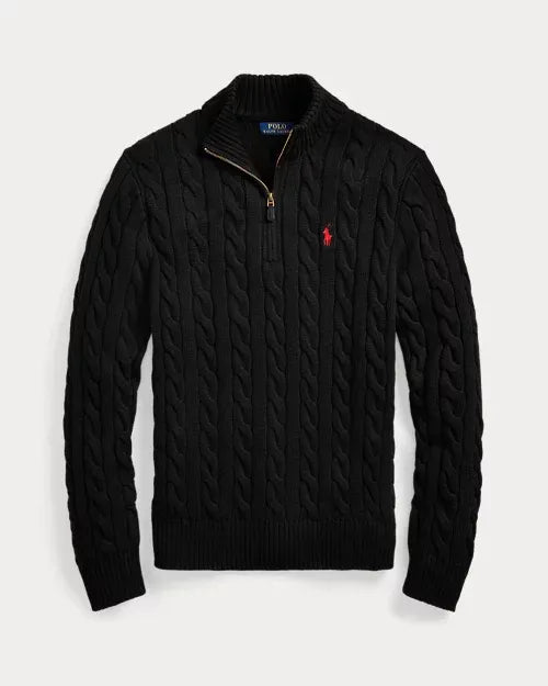 Classic RL Cotton Jumper with Cable Knit and Zip Collar