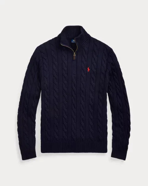 Classic RL Cotton Jumper with Cable Knit and Zip Collar