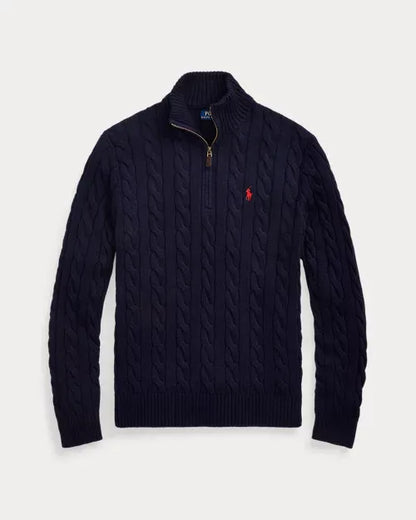 Classic RL Cotton Jumper with Cable Knit and Zip Collar