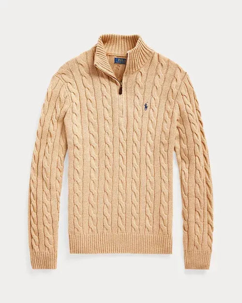 Classic RL Cotton Jumper with Cable Knit and Zip Collar